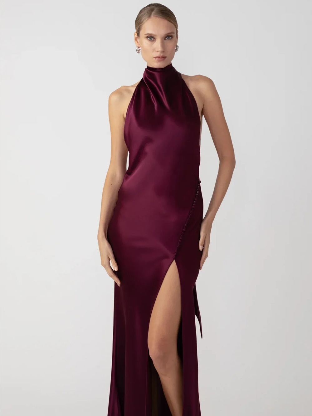 SAU LEE PENELOPE Halter Burgundy Satin Evening Gown with Thigh Slit